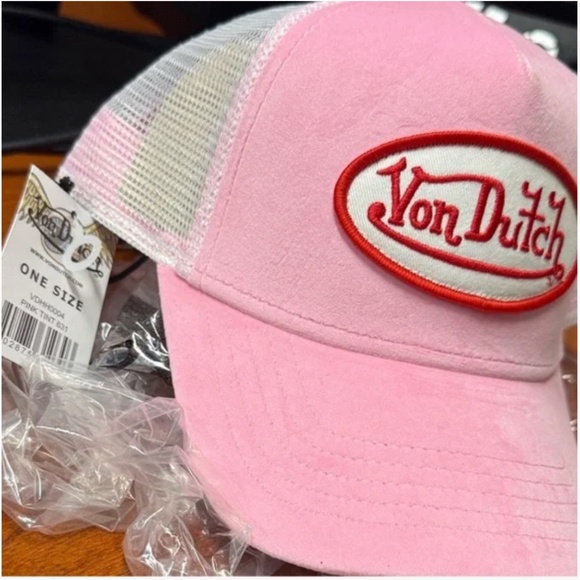 NWT Von Dutch Pink & White Velvet Snapback Trucker Hat Baseball Cap - Picture 8 of 11